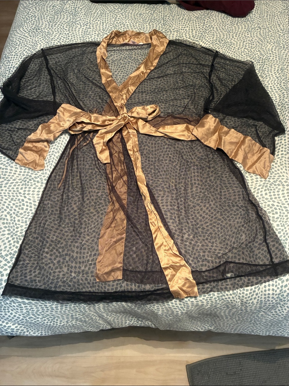 Victoria’s Secret Black Mesh Robe with Gold Trim - Women's Intimates